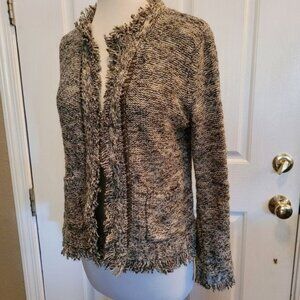 Anthropologie Sweater Open Cardigan Fringe Preppy Work Career Medium Green Brown